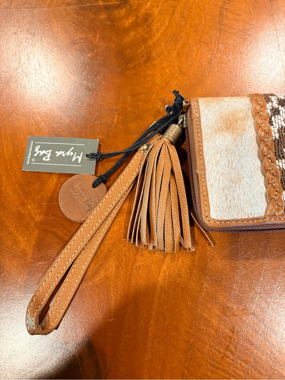 NWT, Myra Bag Brown and Cream Cowhide Wristlet Wallet with Tassel - Picture 3 of 5